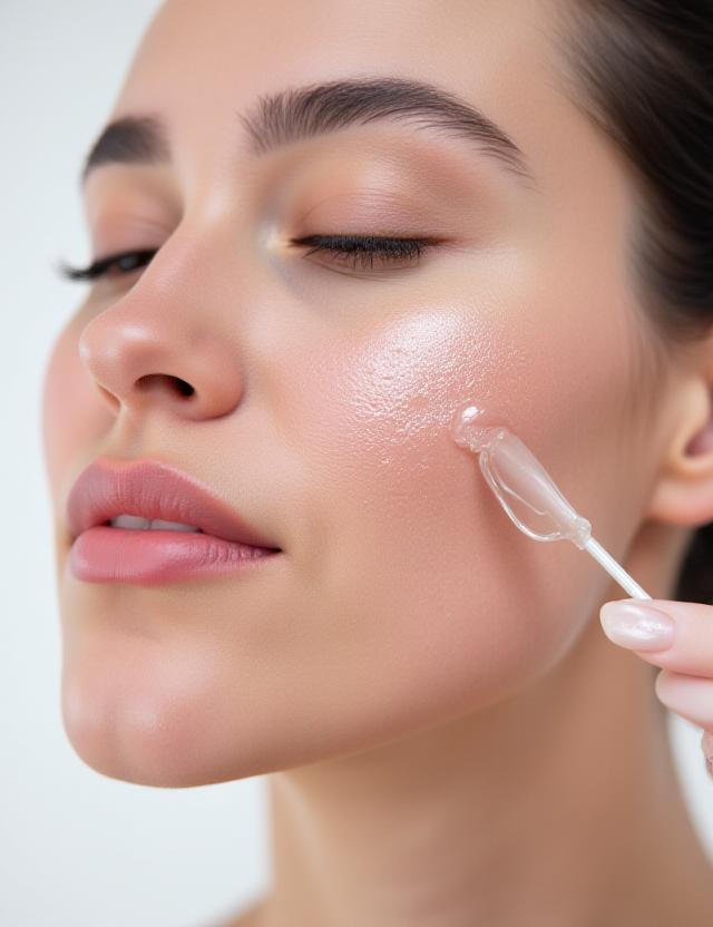 Applying premium facial serum with focus on texture